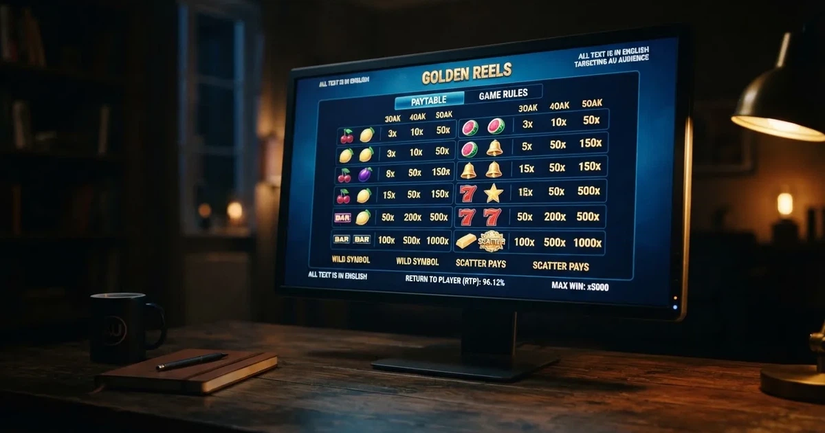 A slot machine's paytable screen glowing on a monitor in a dim room.