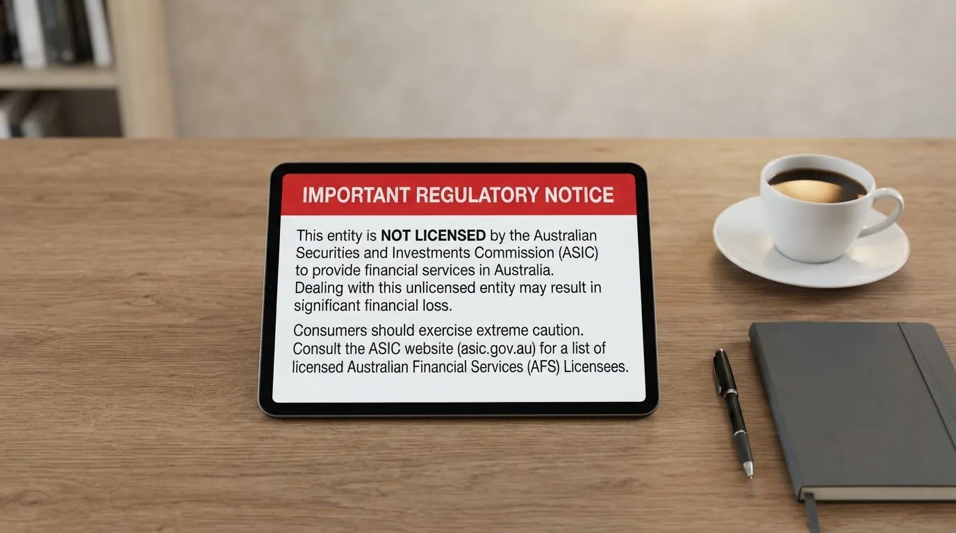 A tablet screen displaying an official regulator warning notice on a desk beside a coffee cup.