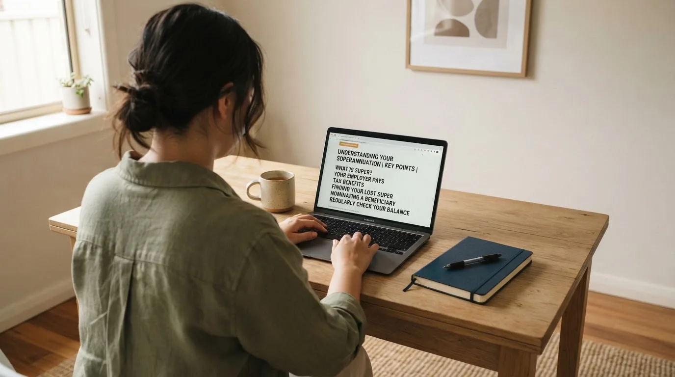A person at a laptop reading a plain-language explainer article at a home desk.