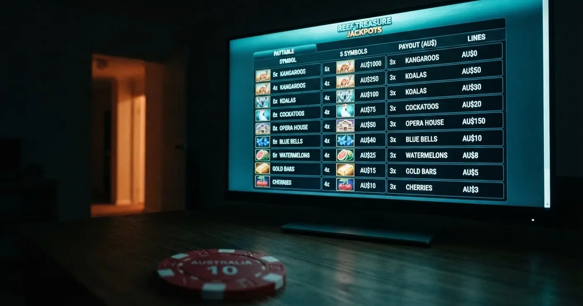 A slot machine's paytable screen glowing on a monitor in a dim room.