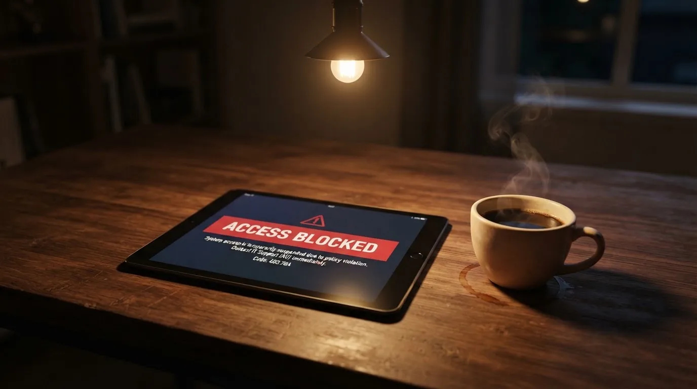 A tablet screen displaying an official regulator warning notice on a desk beside a coffee cup.
