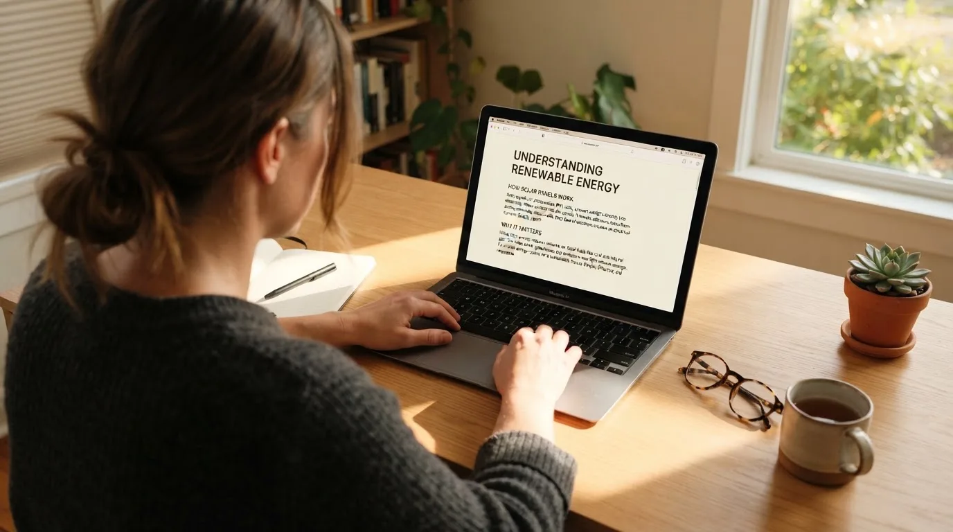 A person at a laptop reading a plain-language explainer article at a home desk.
