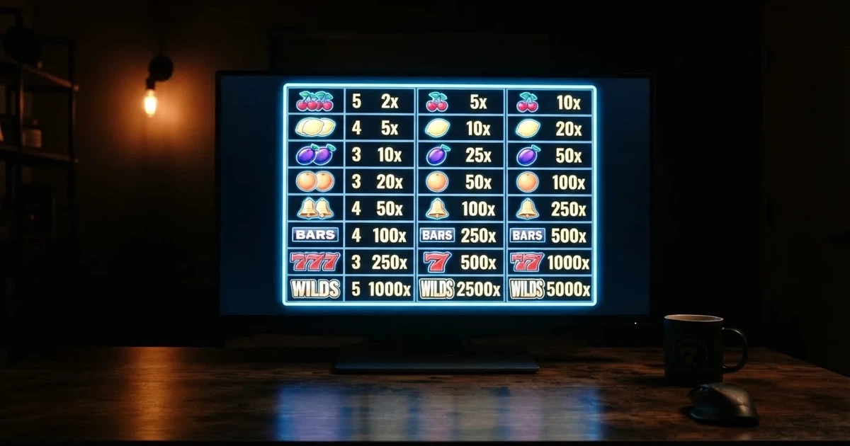 A slot machine's paytable screen glowing on a monitor in a dim room.