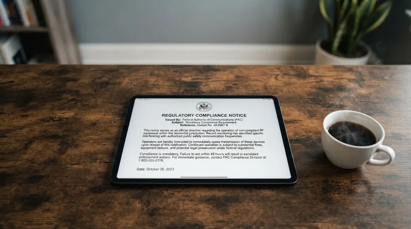 A tablet screen displaying an official regulator warning notice on a desk beside a coffee cup.