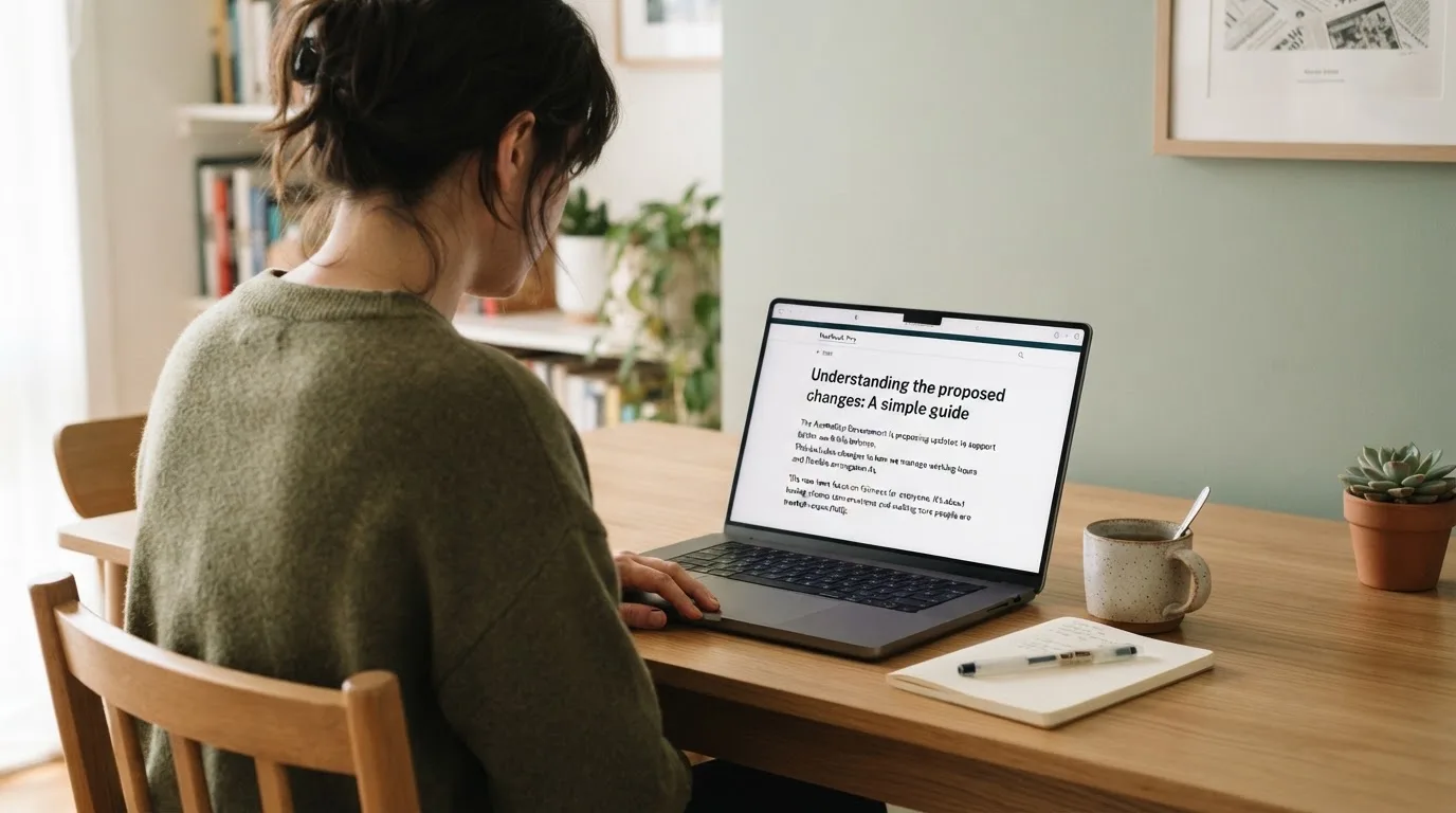 A person at a laptop reading a plain-language explainer article at a home desk.
