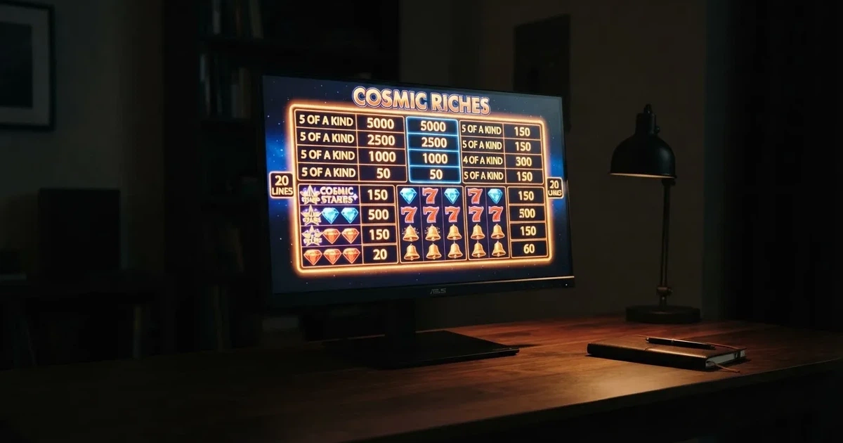A slot machine's paytable screen glowing on a monitor in a dim room.