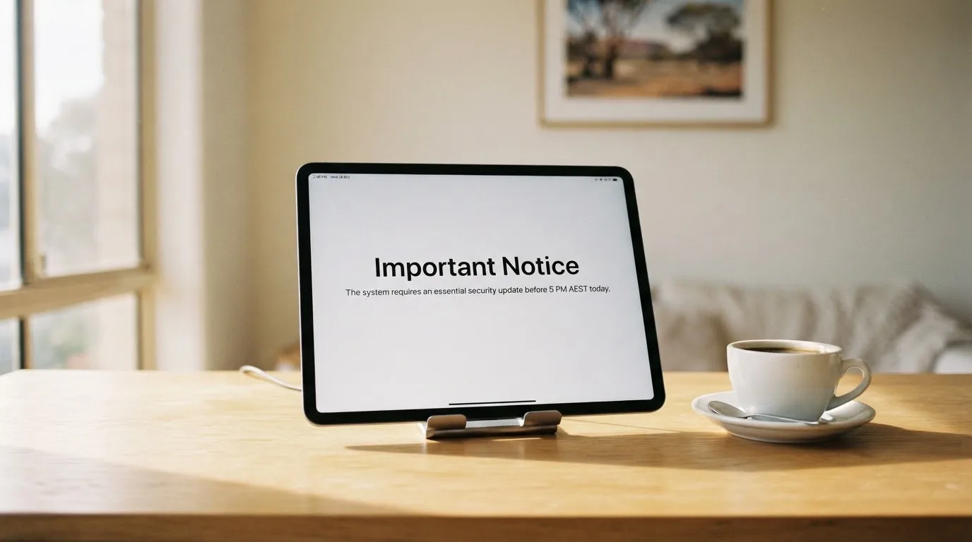 A tablet screen displaying an official regulator warning notice on a desk beside a coffee cup.