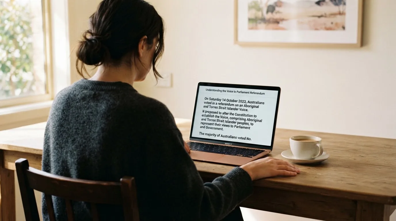 A person at a laptop reading a plain-language explainer article at a home desk.