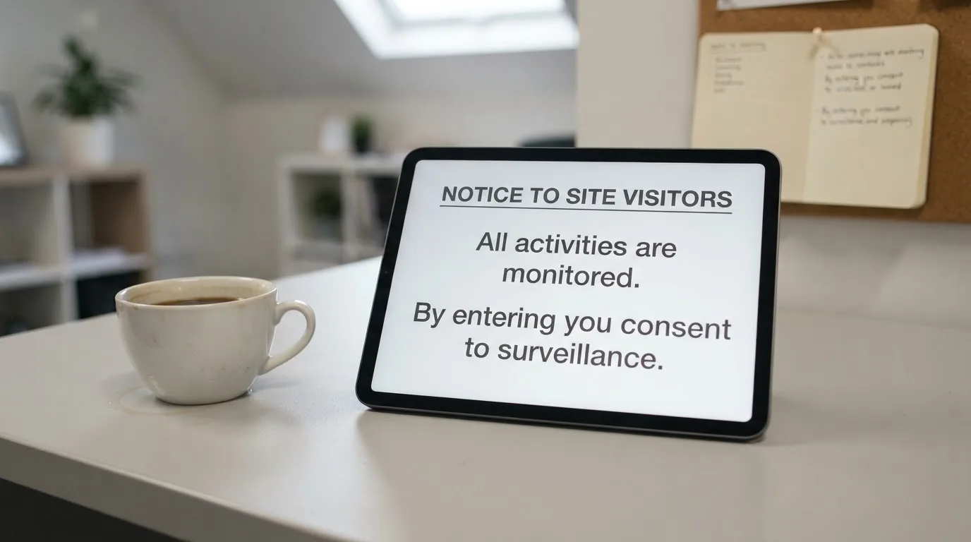 A tablet screen displaying an official regulator warning notice on a desk beside a coffee cup.