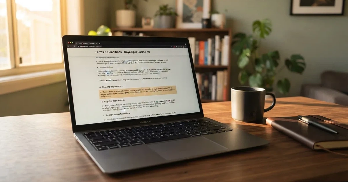 A laptop screen showing a terms-and-conditions page with wagering requirements highlighted.