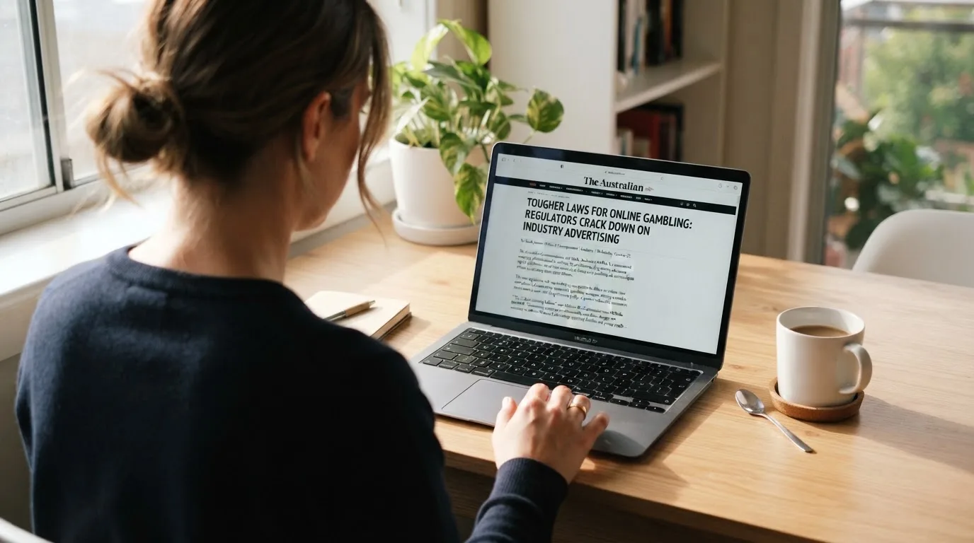 A person at a laptop reading a plain-language explainer article at a home desk.