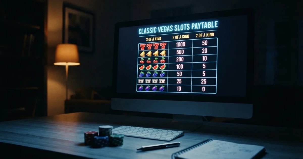 A slot machine's paytable screen glowing on a monitor in a dim room.