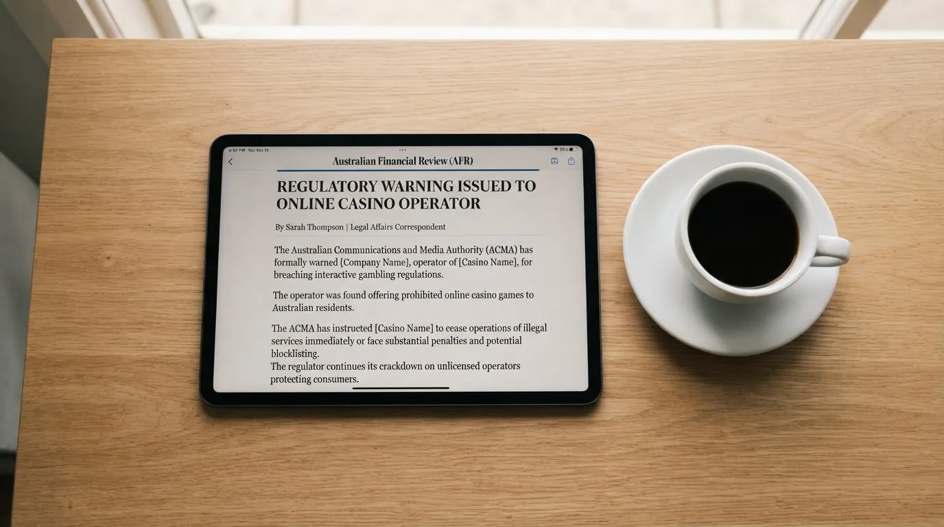 A tablet screen displaying an official regulator warning notice on a desk beside a coffee cup.