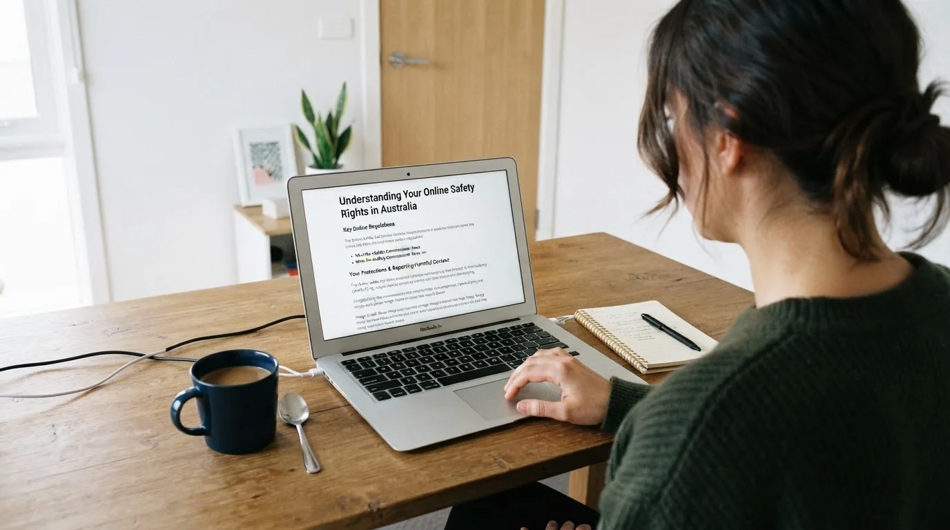 A person at a laptop reading a plain-language explainer article at a home desk.