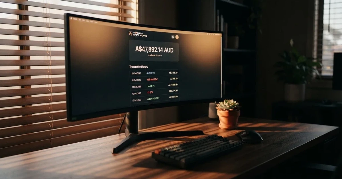 A monitor displaying a cryptocurrency wallet balance and transaction history in a home office.