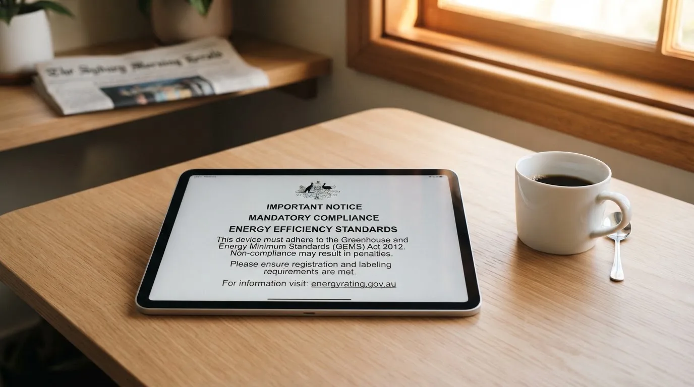 A tablet screen displaying an official regulator warning notice on a desk beside a coffee cup.