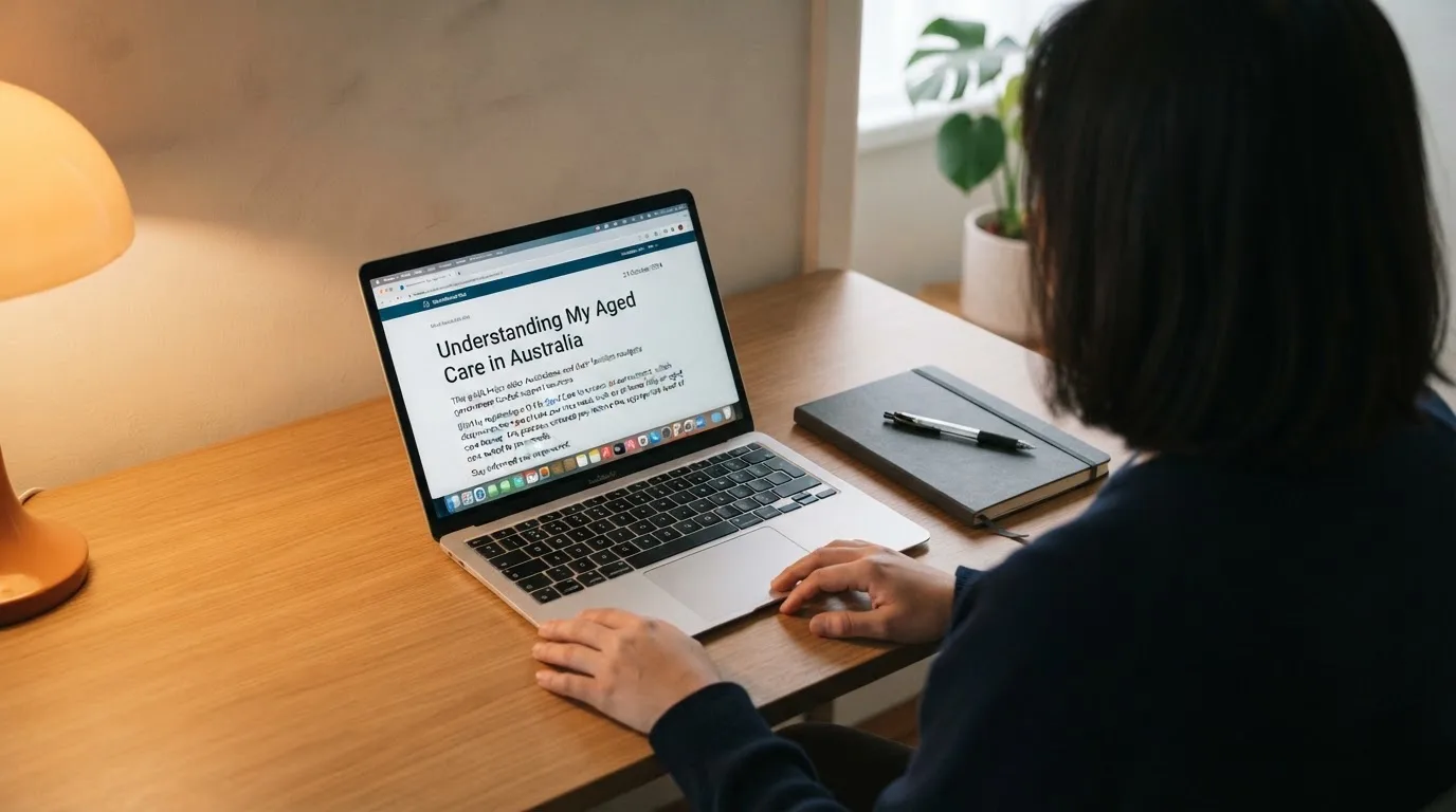 A person at a laptop reading a plain-language explainer article at a home desk.