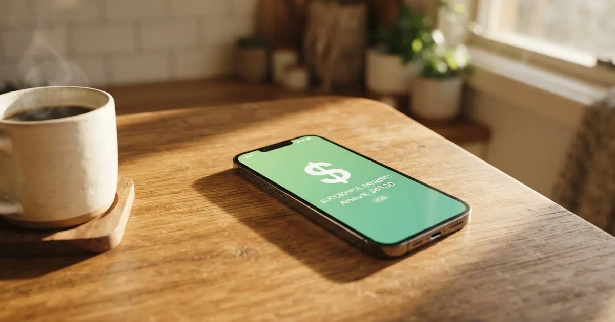 A close-up of a banking app on a smartphone showing a same-day transfer confirmation on a kitchen table.