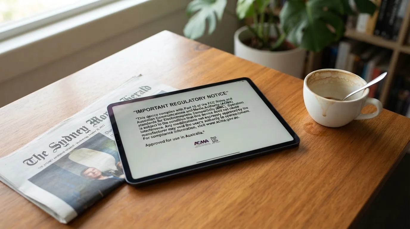 A tablet screen displaying an official regulator warning notice on a desk beside a coffee cup.