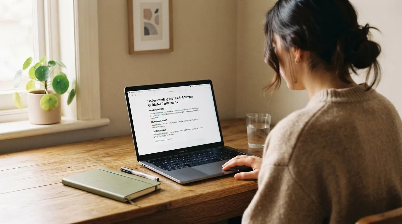 A person at a laptop reading a plain-language explainer article at a home desk.