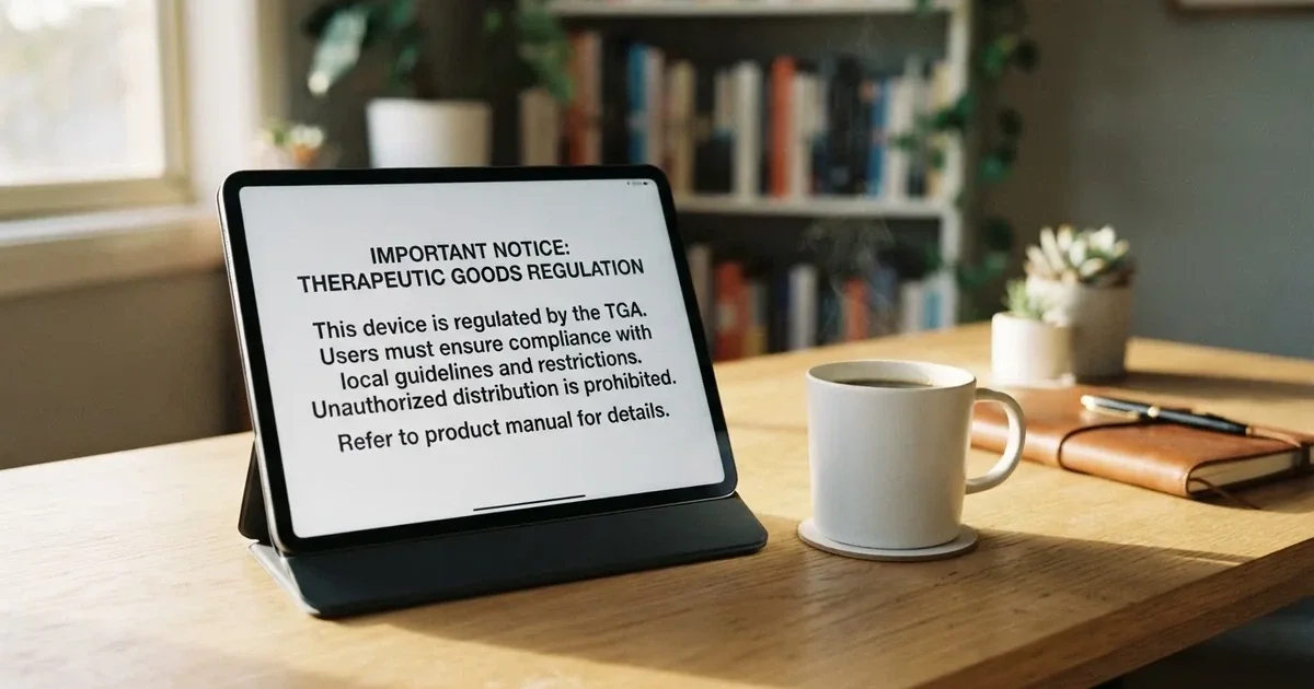 A tablet screen displaying an official regulator warning notice on a desk beside a coffee cup.