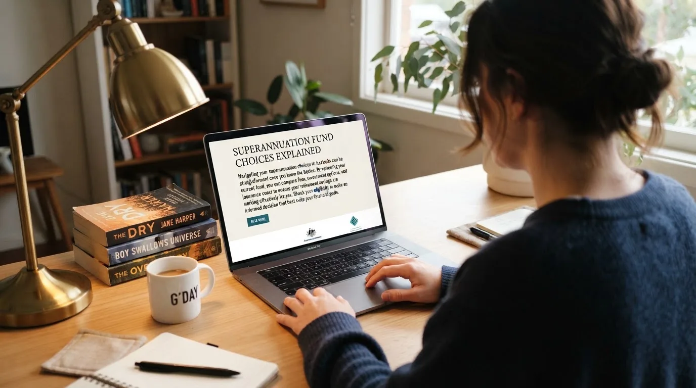 A person at a laptop reading a plain-language explainer article at a home desk.
