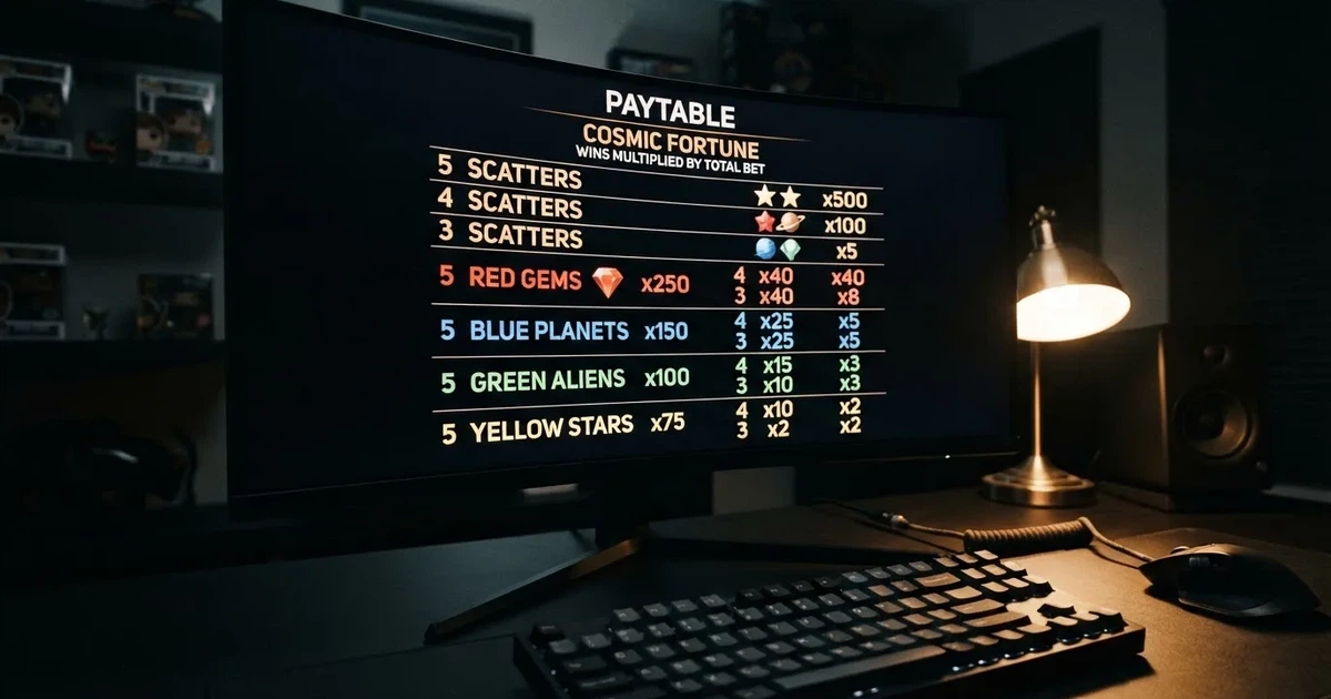 A slot machine's paytable screen glowing on a monitor in a dim room.
