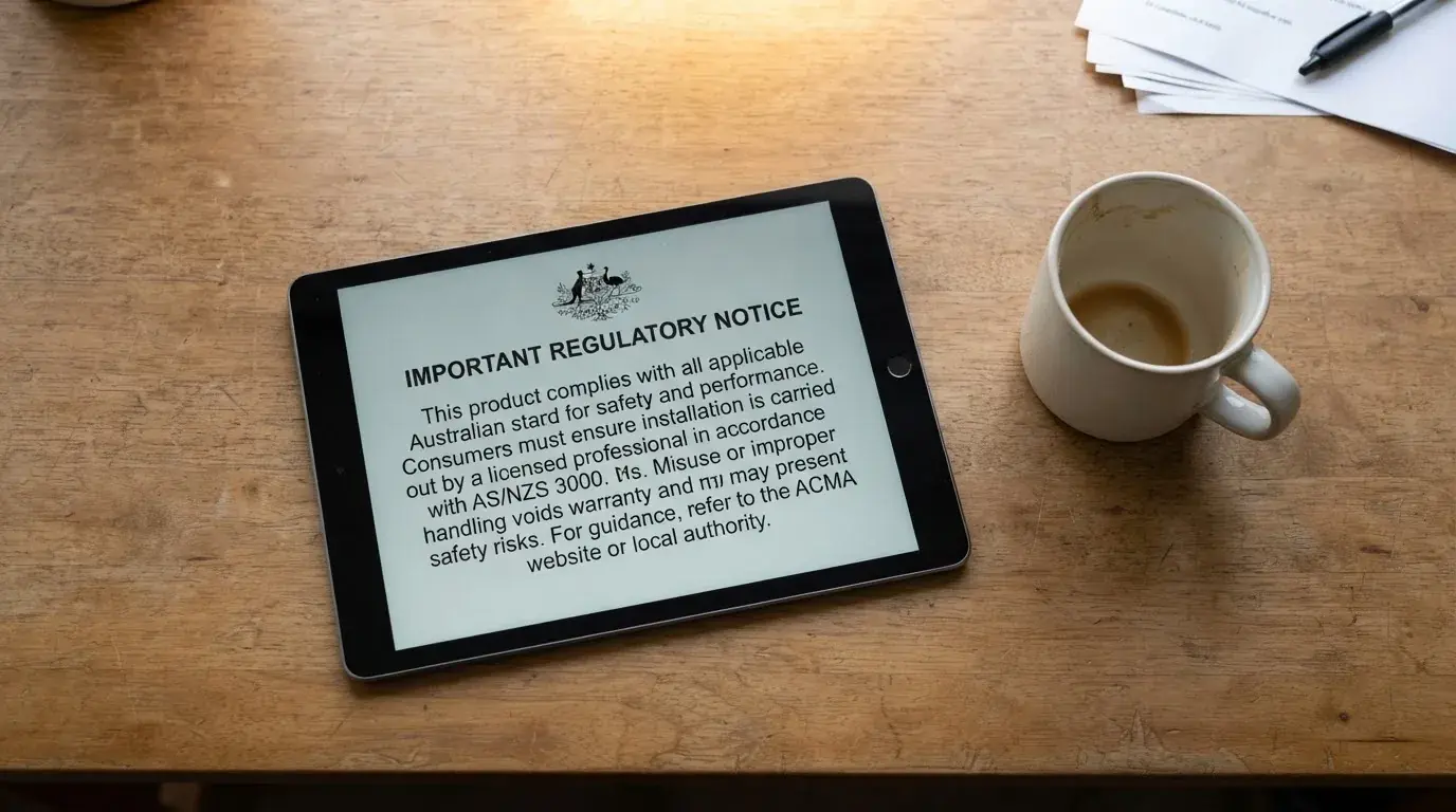 A tablet screen displaying an official regulator warning notice on a desk beside a coffee cup.