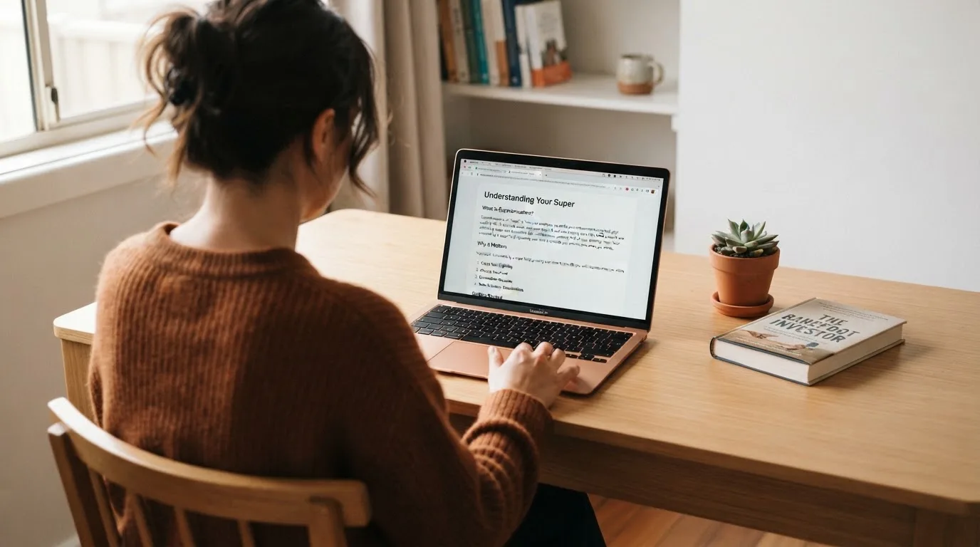A person at a laptop reading a plain-language explainer article at a home desk.