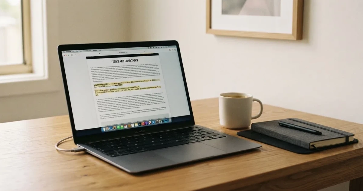 A laptop screen showing a terms-and-conditions page with wagering requirements highlighted.