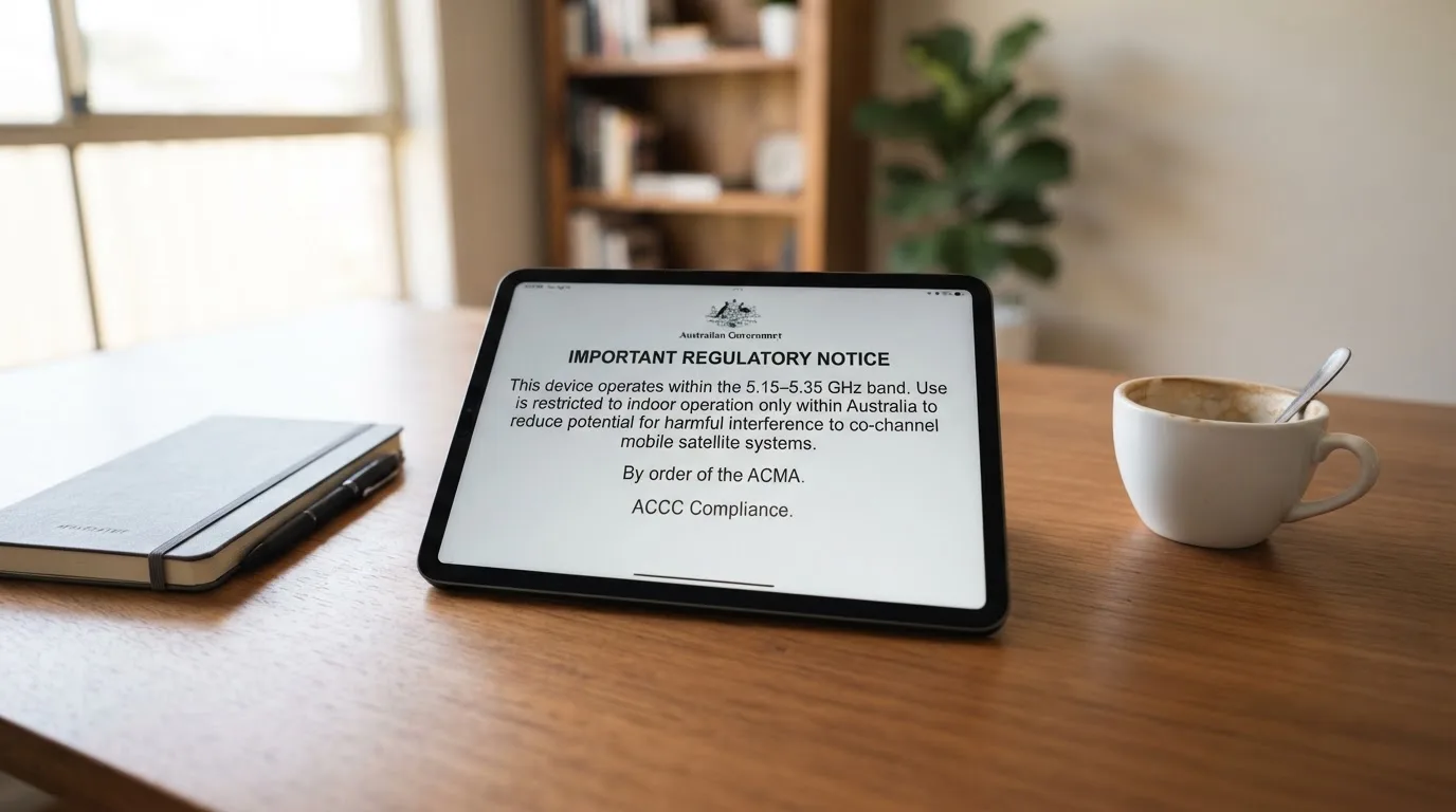 A tablet screen displaying an official regulator warning notice on a desk beside a coffee cup.