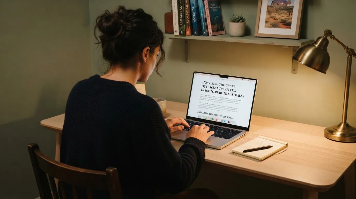 A person at a laptop reading a plain-language explainer article at a home desk.