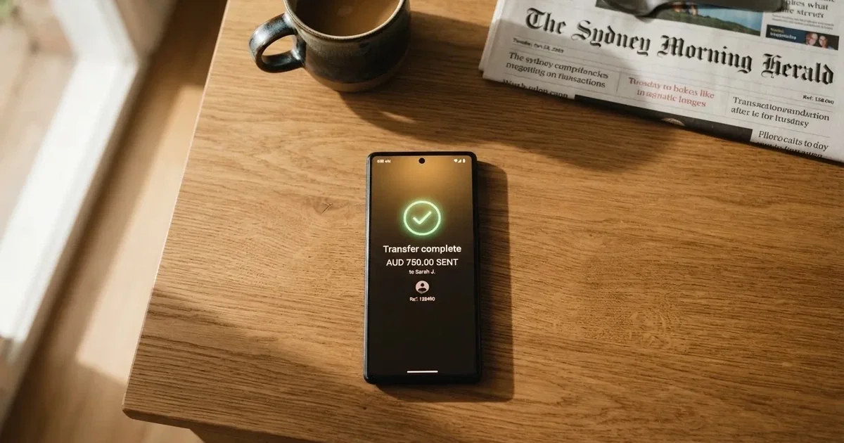 A close-up of a banking app on a smartphone showing a same-day transfer confirmation on a kitchen table.