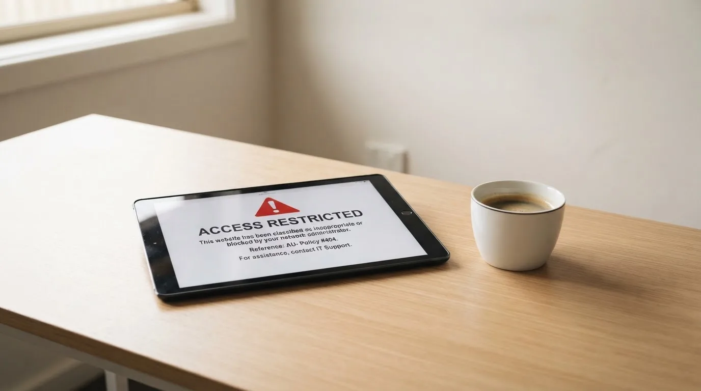 A tablet screen displaying an official regulator warning notice on a desk beside a coffee cup.