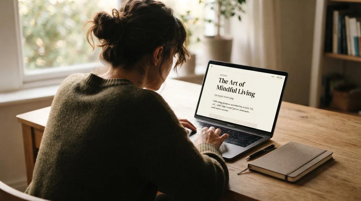 A person at a laptop reading a plain-language explainer article at a home desk.