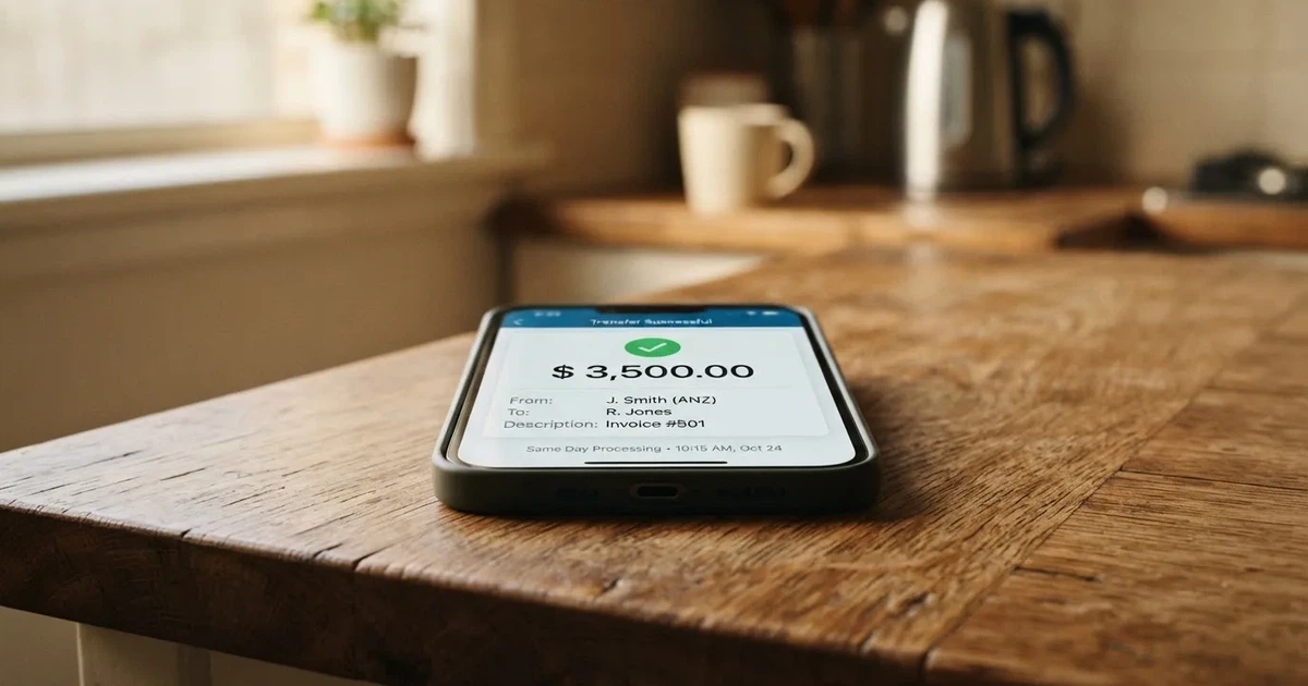 A close-up of a banking app on a smartphone showing a same-day transfer confirmation on a kitchen table.