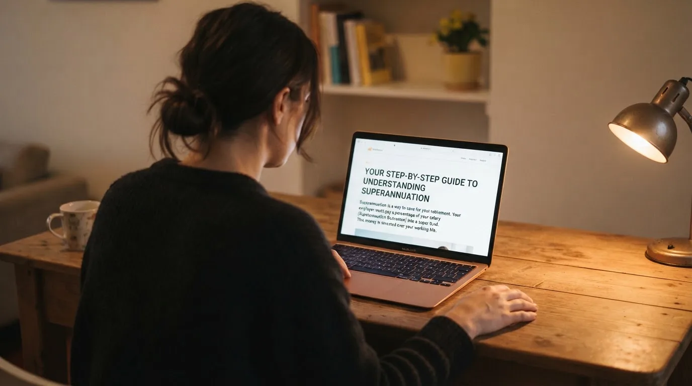 A person at a laptop reading a plain-language explainer article at a home desk.