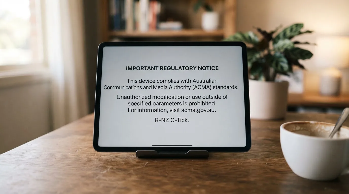 A tablet screen displaying an official regulator warning notice on a desk beside a coffee cup.
