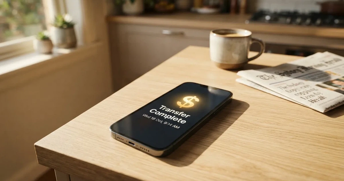 A close-up of a banking app on a smartphone showing a same-day transfer confirmation on a kitchen table.