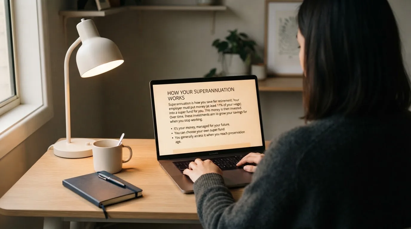 A person at a laptop reading a plain-language explainer article at a home desk.