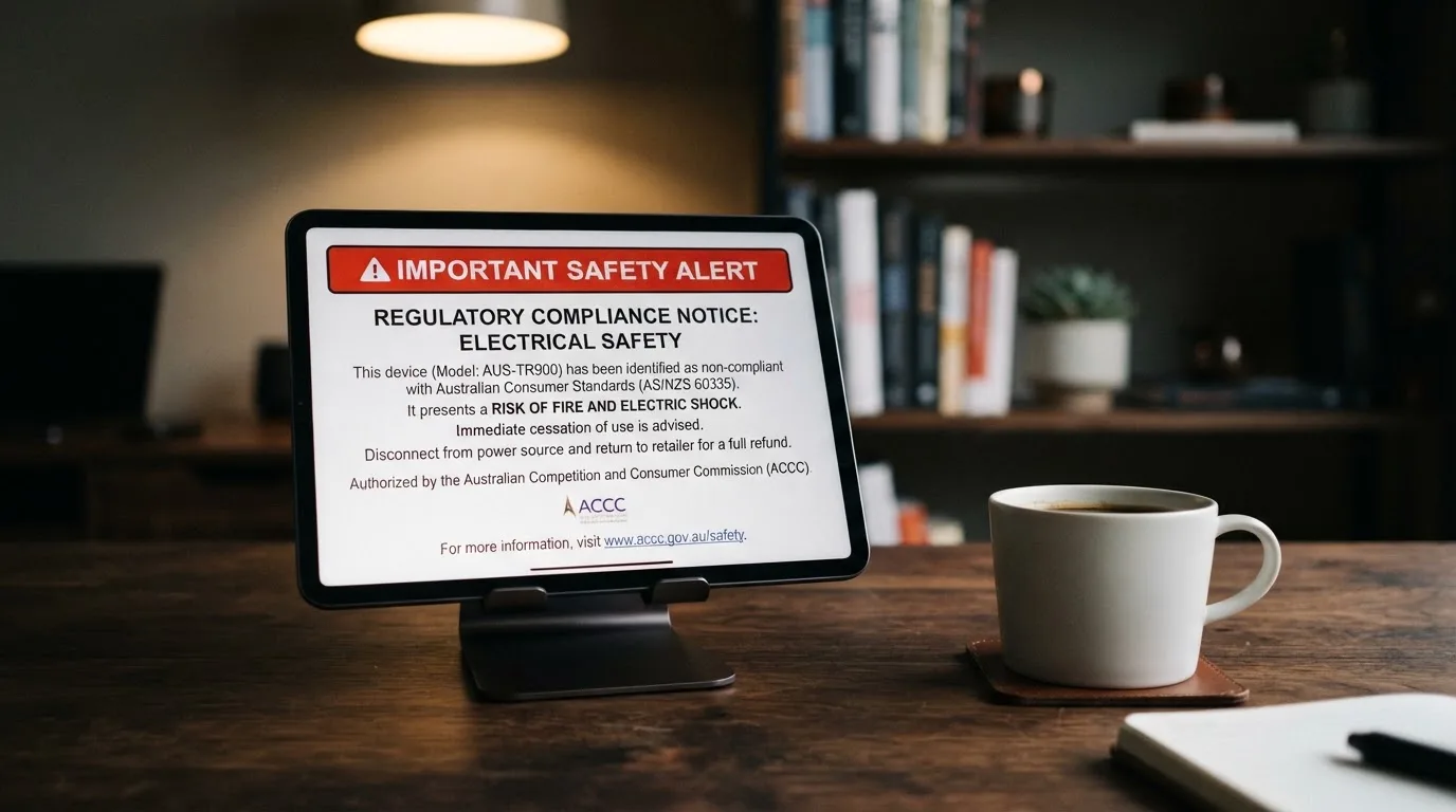 A tablet screen displaying an official regulator warning notice on a desk beside a coffee cup.