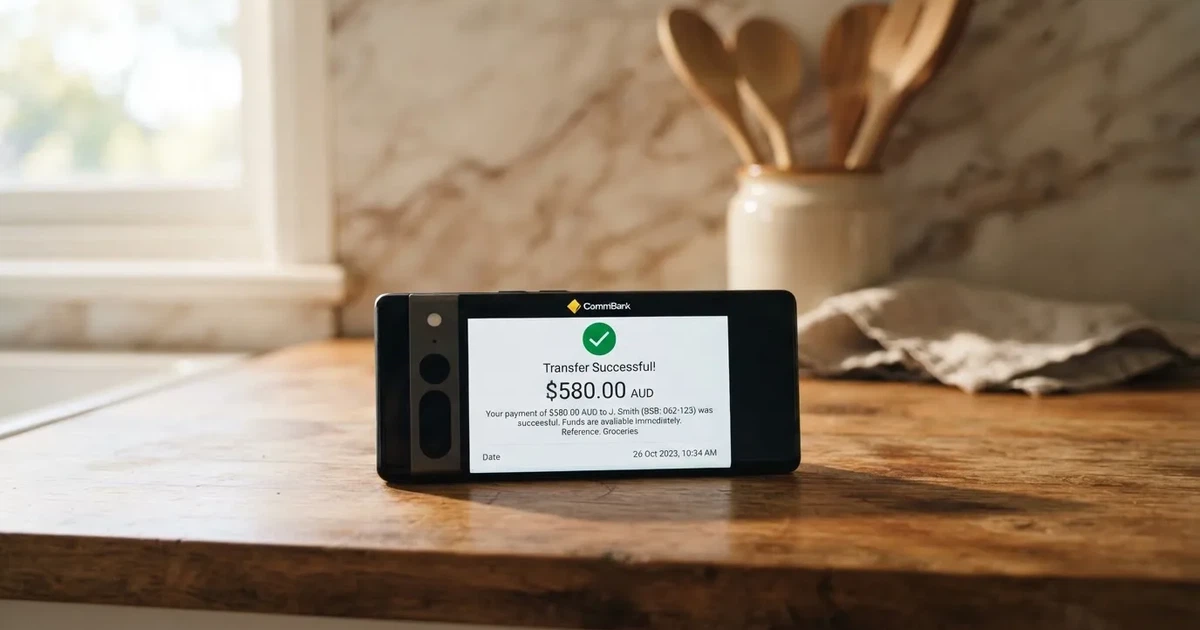 A close-up of a banking app on a smartphone showing a same-day transfer confirmation on a kitchen table.