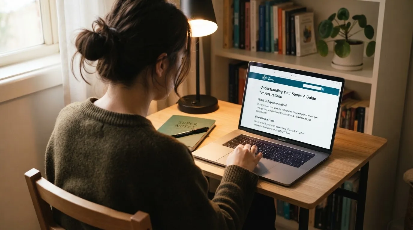 A person at a laptop reading a plain-language explainer article at a home desk.