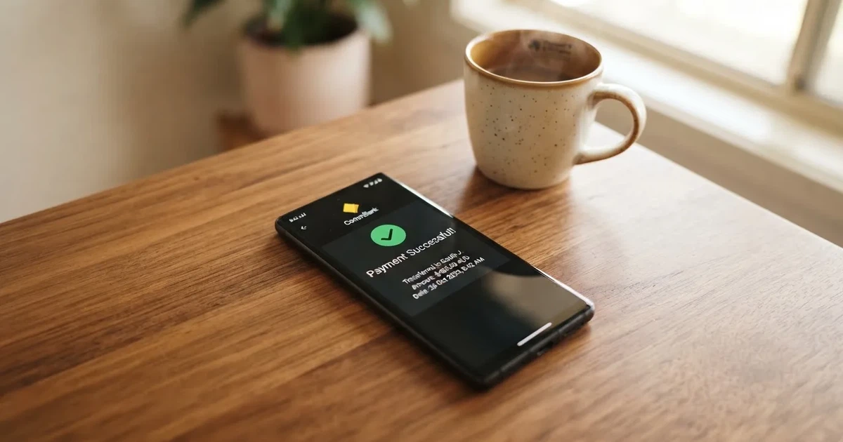 A close-up of a banking app on a smartphone showing a same-day transfer confirmation on a kitchen table.
