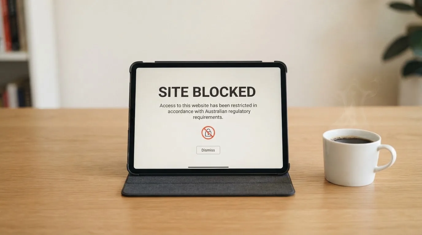 A tablet screen displaying an official regulator warning notice on a desk beside a coffee cup.