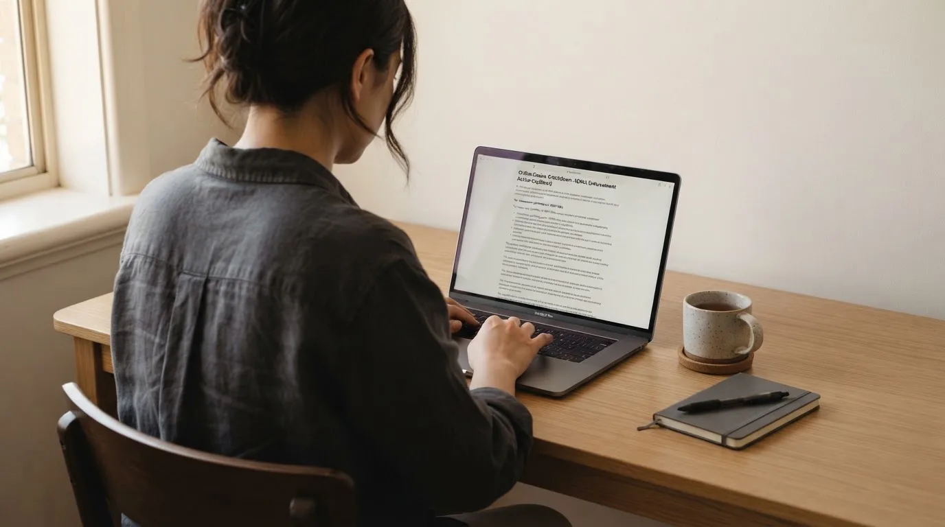 A person at a laptop reading a plain-language explainer article at a home desk.