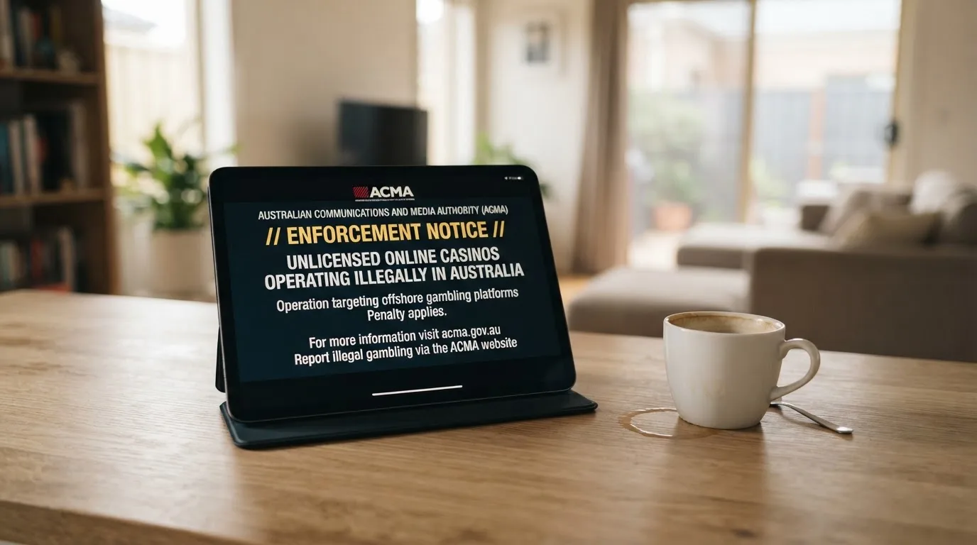 A tablet screen displaying an official regulator warning notice on a desk beside a coffee cup.