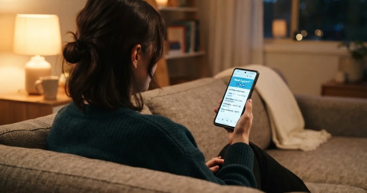 A person looking at a support helpline page on a phone while sitting on a couch.