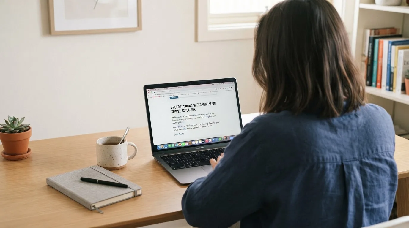 A person at a laptop reading a plain-language explainer article at a home desk.