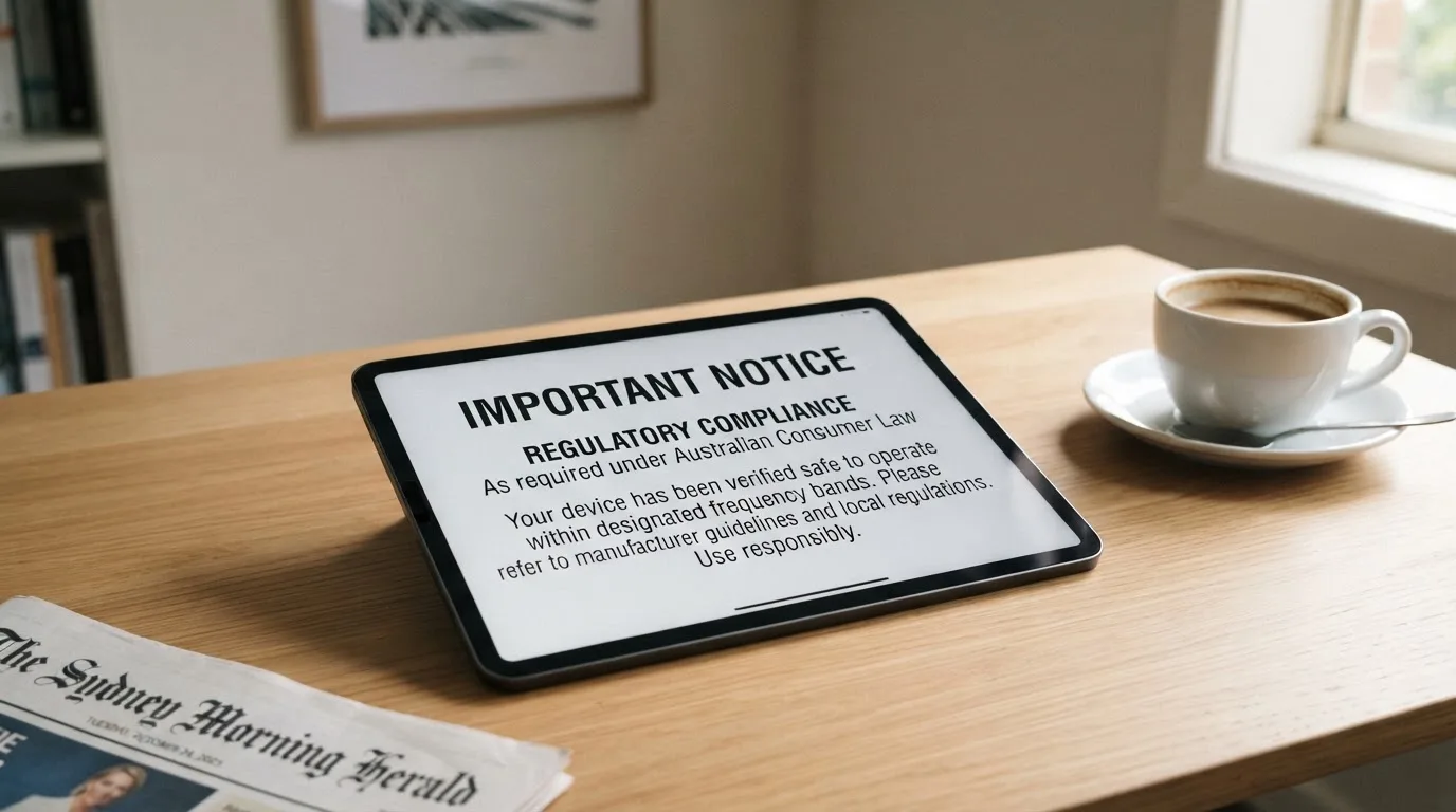 A tablet screen displaying an official regulator warning notice on a desk beside a coffee cup.